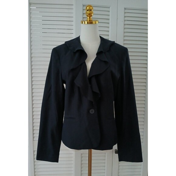 Chaps Women's Silk & Cotton Blend Blazer with Ruffle Neckline Size 12 Navy Blue - Picture 4 of 14